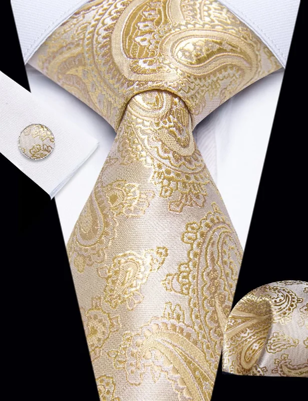 Designer silk tie for elegant office events-YourTies Khaki Tie Paisley Jacquard Men Necktie Hanky Cufflinks Set