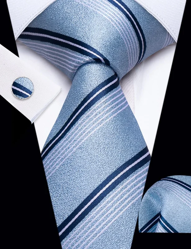 Designer men's tie with minimalistic print for high-end wear-YourTies Light Blue Striped Silk Mens Dress Necktie Set