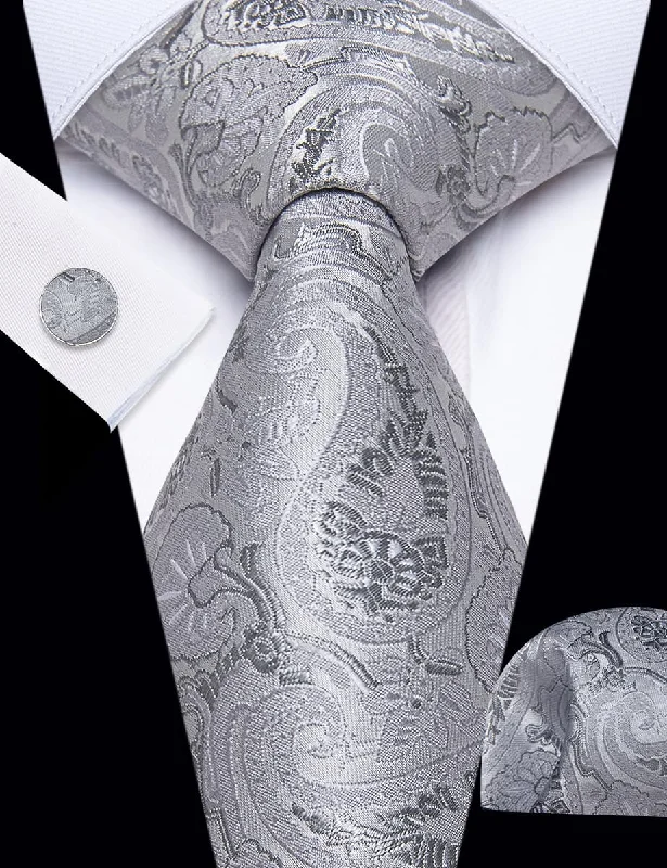 Men's tie for sophisticated corporate events-YourTies Light Grey Tie Paisley Floral Necktie Hanky Cufflinks Set