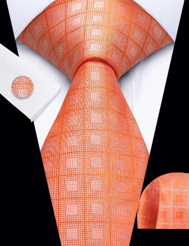 Classic men's tie for formal business attire-YourTies Light Orange Plaid Pattern Silk Mens Necktie Set