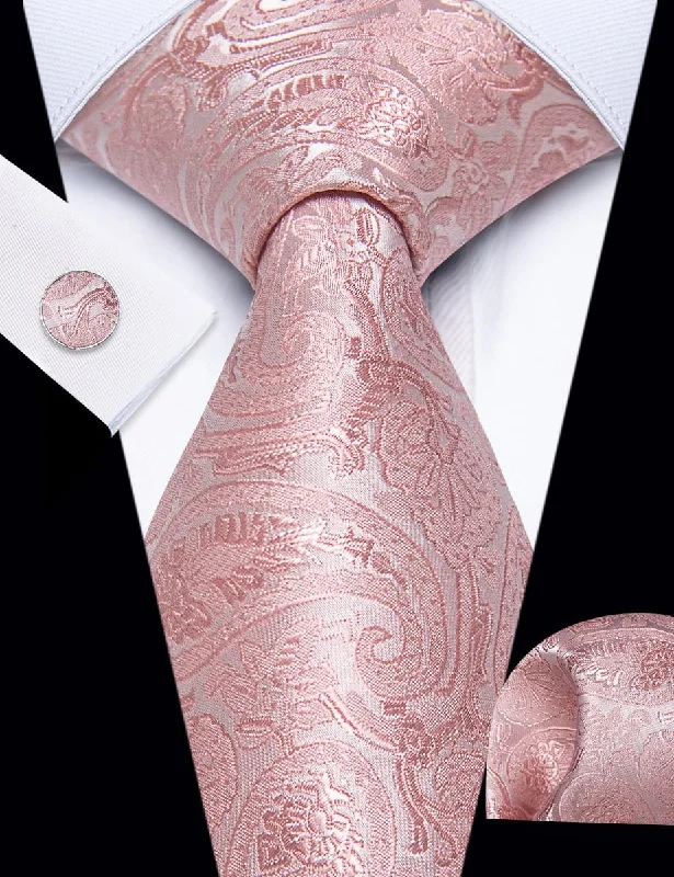 Men's tie with subtle checks for business wear-YourTies Light Pink Tie Paisley Men Necktie Hanky Cufflinks Set