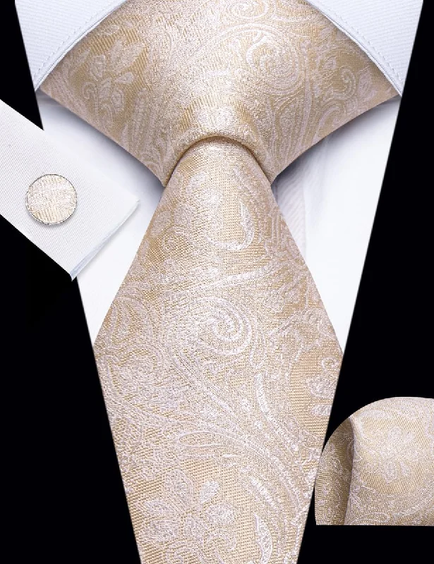 Men's tie with elegant patterns for special occasions-YourTies Light Tan Paisley Pattern Silk Mens Necktie Set