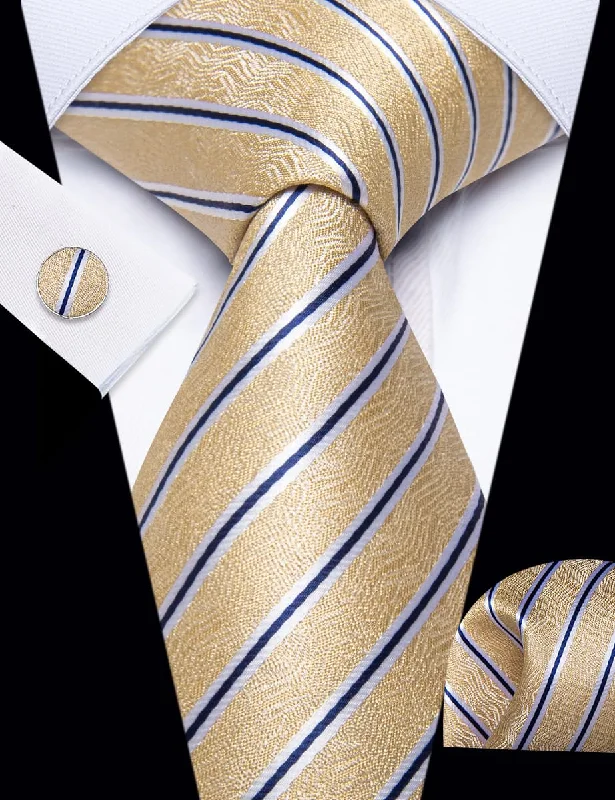 Classic men's tie with subtle color palette-YourTies Light Yellow Neckties Blue Striped Tie Hanky Cufflinks Set