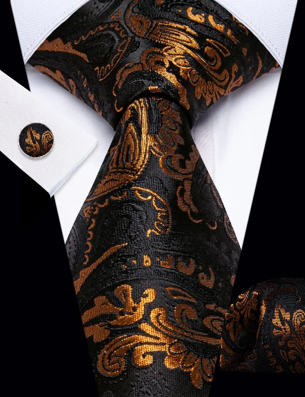 Stylish men's tie with intricate floral pattern-YourTies Mens Black Ties Golden Paisley Neck Tie Hanky Cufflinks Set