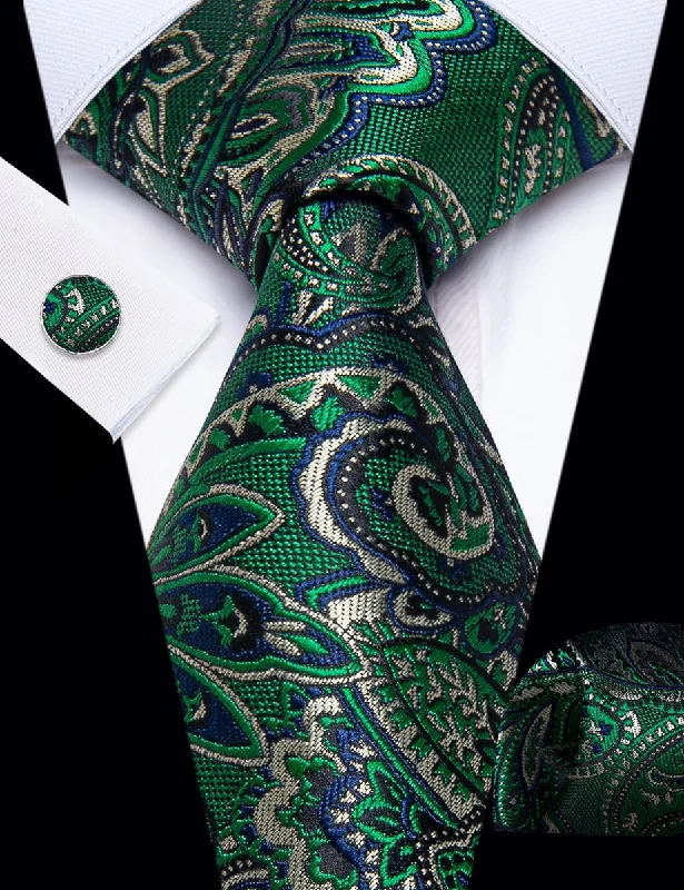 Best men's tie for a luxury corporate meeting-YourTies Mens Green Tie Paisley Silk Neck Tie Hanky Cufflinks Set