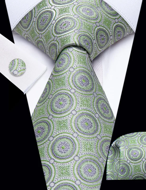 Designer men's silk tie for upscale occasions-YourTies Mint Green Novelty Geometry Pattern Silk Men's Necktie Set