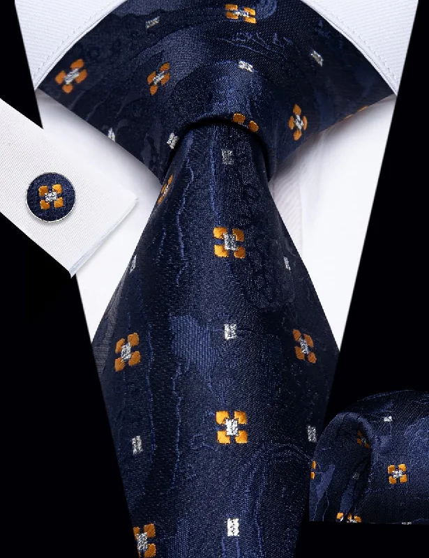 Men's tie with modern houndstooth print-YourTies Navy Blue Necktie Gold Flower Pattern Tie Hanky Cufflinks Set