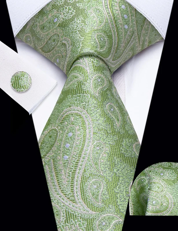 Men's tie with smooth texture for luxury events-YourTies Olivine Green Paisley Pattern Silk Mens Necktie Set