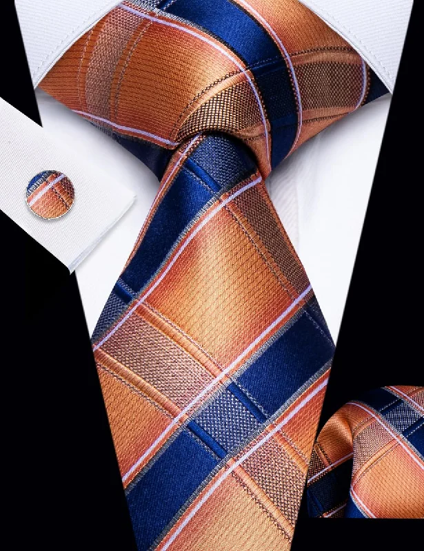 Classic men's tie with rich tones for formal gatherings-YourTies Orange Navy Blue Striped Silk Mens Dress Necktie Set