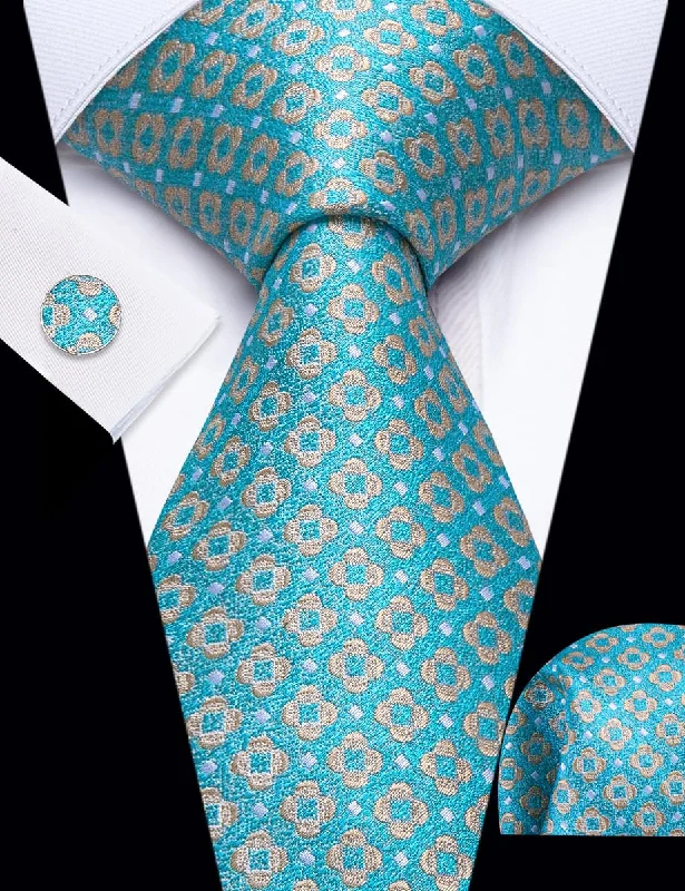 Men's tie with bold patterns for upscale office events-YourTies Pale Blue Tan Floral Pattern Silk Mens Necktie Set