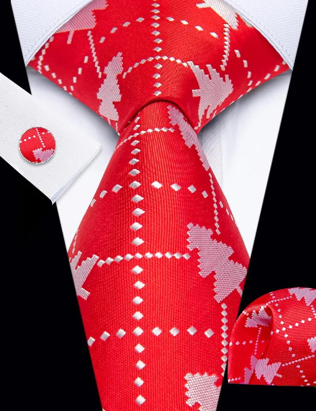 Luxury silk tie for men's evening wear-YourTies Red Christmas White Pine Men's Necktie Pocket Square Cufflinks Set