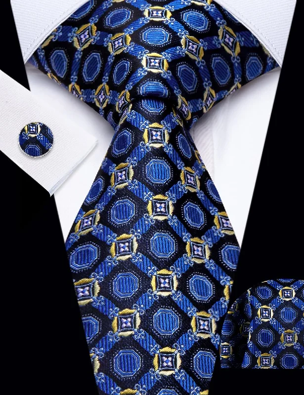 Best tie for men with modern, minimalistic style-YourTies Royal Blue Geometric Pattern Silk Mens Necktie Set