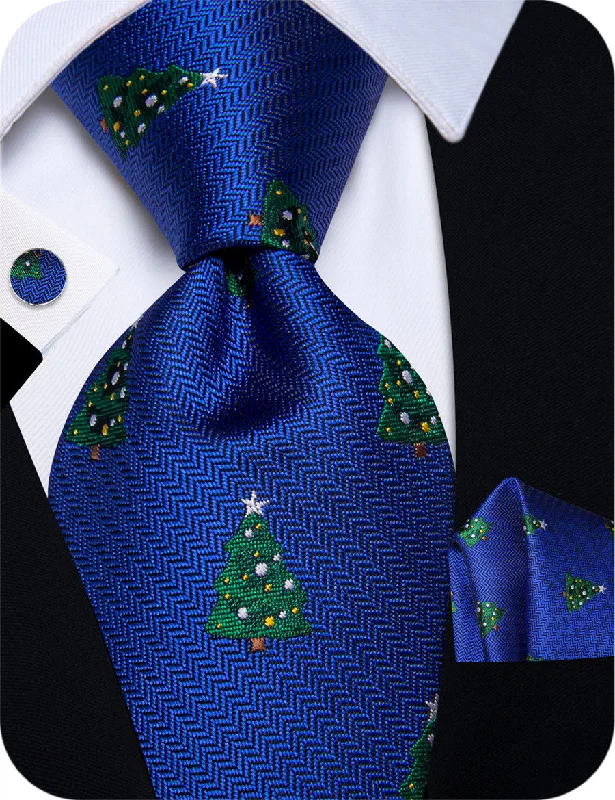 Stylish men's tie with unique color combinations-YourTies Smalt Blue Green Tree Christmas Silk Mens Necktie Set