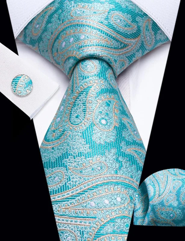 Trendy men's tie with modern abstract prints for work-YourTies Teal Paisley Pattern Silk Mens Necktie Set