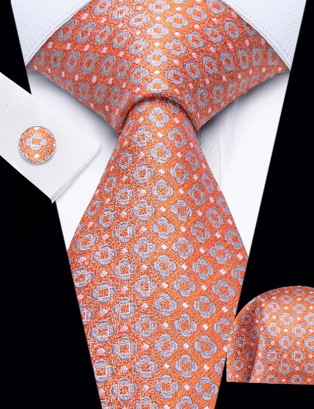 Men's tie with fine fabric for weddings and formal events-YourTies Terra Cotta Orange Novelty Floral Pattern Silk Mens Necktie Set