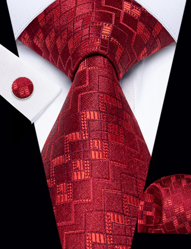 Trendy men's tie with fine texture for modern office wear-YourTies Vivid Burgundy Tie Geometric Men Necktie Hanky Cufflinks Set