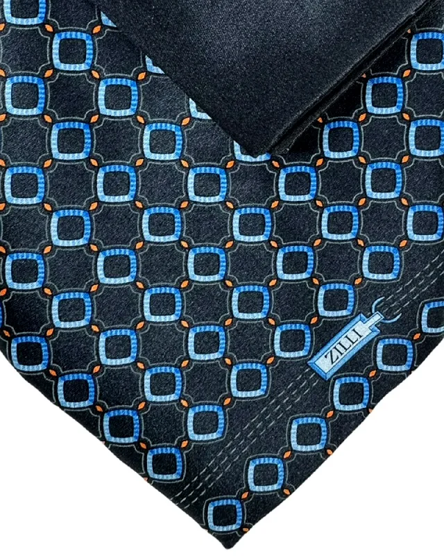 Best men's tie for upscale dinner parties-Zilli Tie & Matching Pocket Square Set Dark Gray Blue Orange Geometric