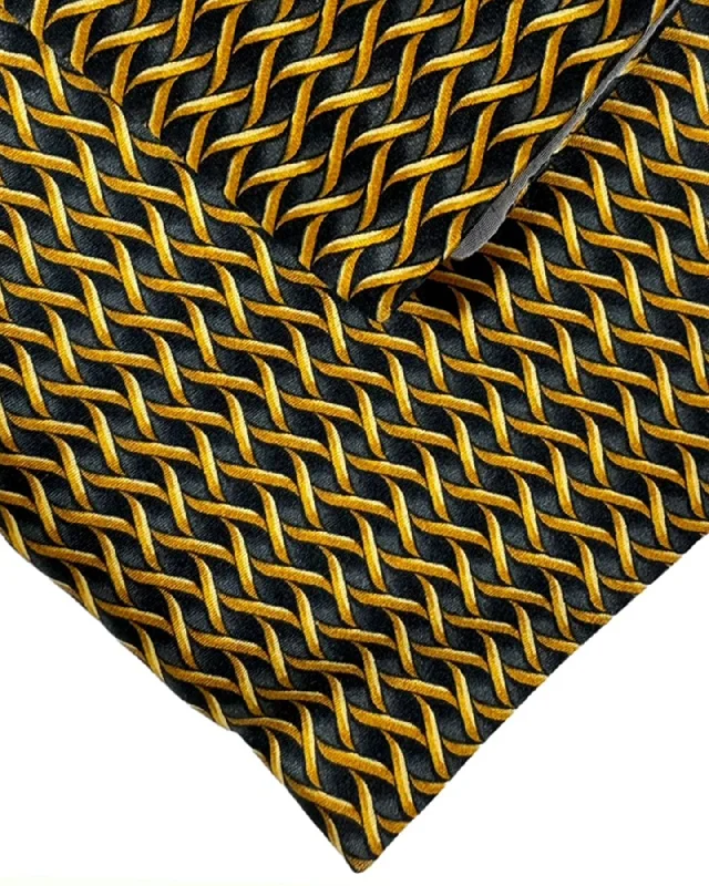 Trendy men's tie with colorful abstract print-Zilli Tie & Matching Pocket Square Set Black Gold Swirly Stripes