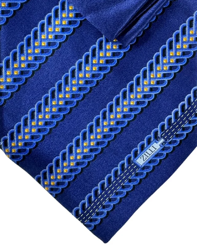 Stylish men's tie with creative modern print-Zilli Tie & Matching Pocket Square Set Navy Gold Stripes Design