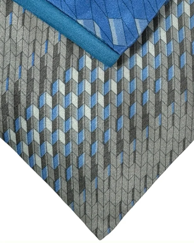 Men's tie for corporate events with modern design-Zilli Tie & Matching Pocket Square Set Gray Blue 3D Stripes Design