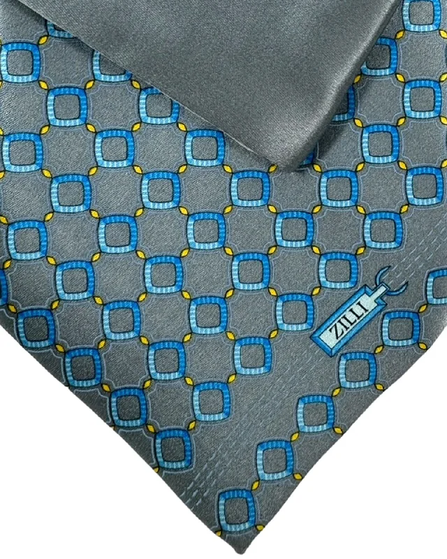 Men's tie for sophisticated corporate events-Zilli Tie & Matching Pocket Square Set Gray Blue Geometric SALE