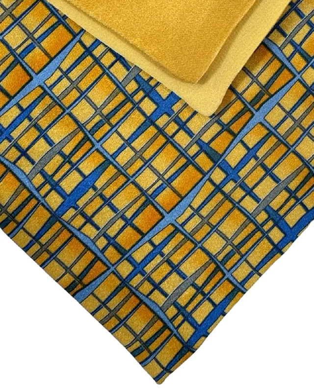 Men's tie with modern houndstooth print-Zilli Tie & Matching Pocket Square Set Orange Gold Blue Gray Check Design