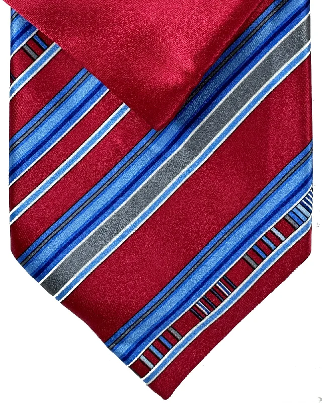 Best tie for men's formal dinner parties-Zilli Tie & Matching Pocket Square Set Red Blue Stripes Design