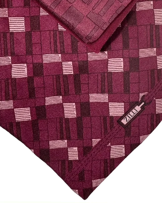 Men's tie with bold color contrasts for formal wear-Zilli Tie & Matching Pocket Square Set Wine Purple Micro Pattern Design