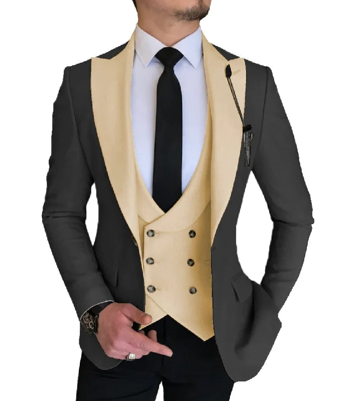 men's luxury grey wool tuxedo for office -3 Piece Slim Fit Vest Solid Peak Lapel Tuxedo (Blazer + Vest + Pants)