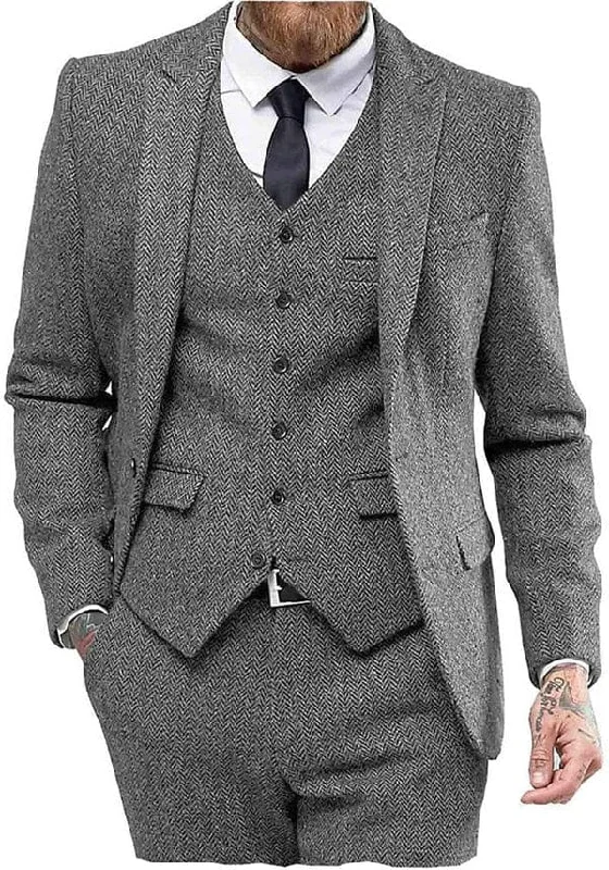 men's grey wool tuxedo with bowtie -3 Piece Mens Suit Herringbone Peak Lapel Tuxedos (Blazer+vest+Pants)