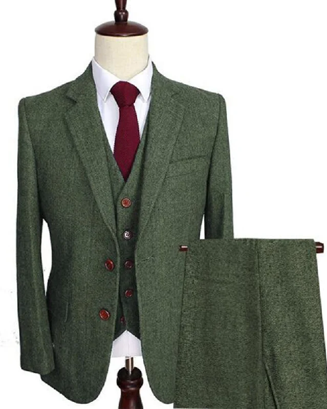 men's wool tuxedo jacket with pleats for weddings -Army Green Men's Wool Tweed Suits 3 Pieces Formal Lapel Notch Herringbone Sports Suit Slim Fit Winter Wedding Blazer  (Jacket+Vest+Pants) CB09212