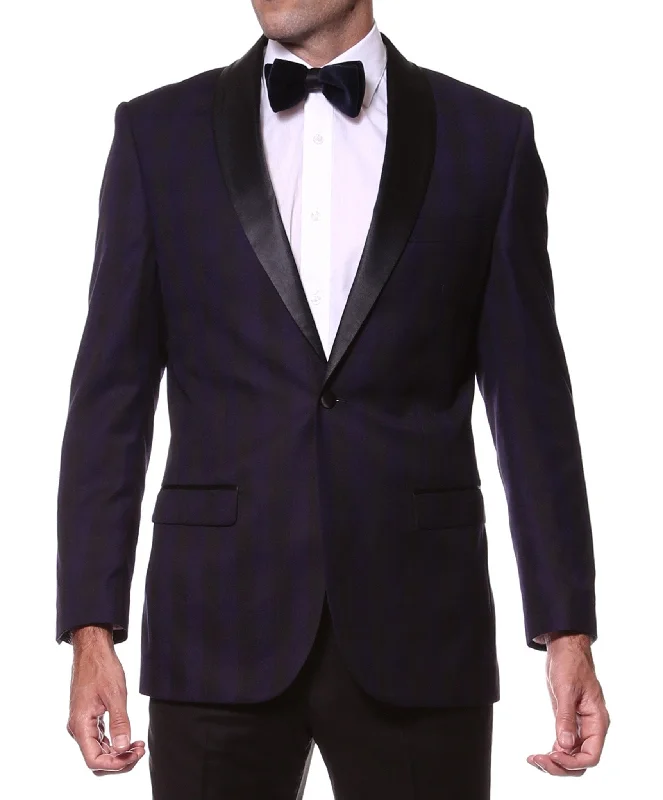 men's black wool tuxedo with bow tie -The Astor Purple Plaid Slim Shawl Tuxedo Blazer