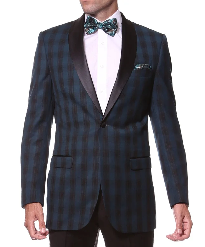 men's charcoal grey tuxedo for formal events -The Astor Teal Plaid Slim Shawl Tuxedo Blazer