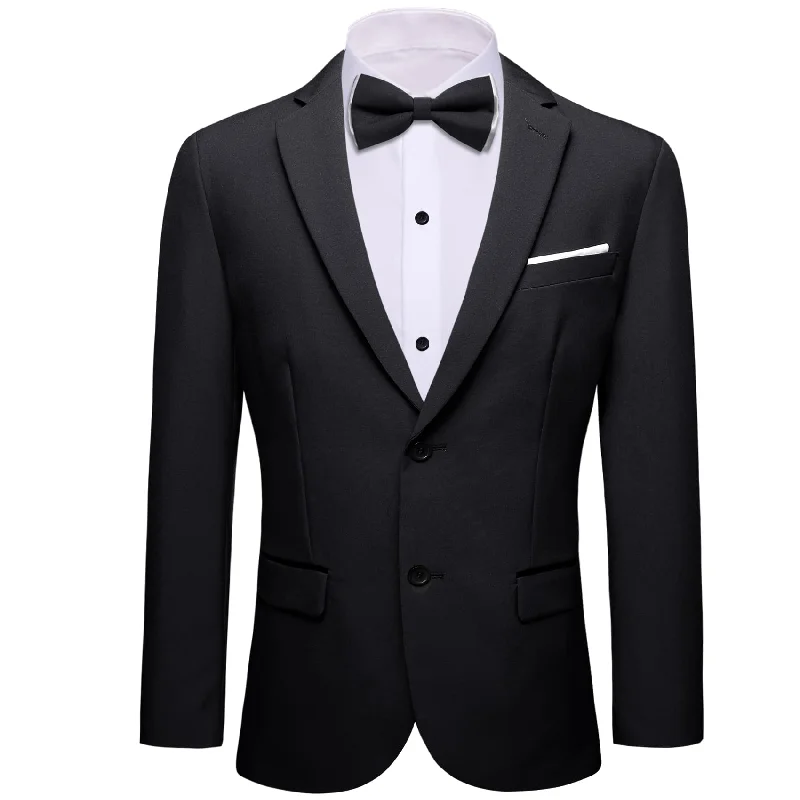 men's wool business tuxedo jackets -Barry Wang Black Blazer Solid Wedding Button Up Men's Suit Bowtie Set