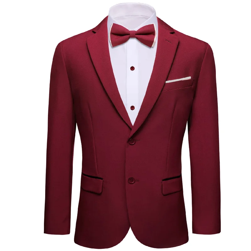 men's tailored tuxedo pants for wedding -Barry Wang Burgundy Red Blazer Solid Wedding Suit Bowtie Set for Men