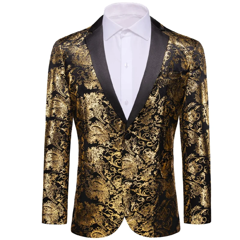 men's business tuxedo for special events -Barry Wang Men's Blazer Black Notched Lapel Gold Paisley Suit Top