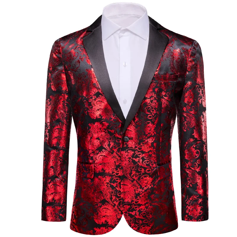 men's grey checked tuxedo for weddings -Barry Wang Men's Blazer Black Notched Lapel Silk Red Paisley Suit Top