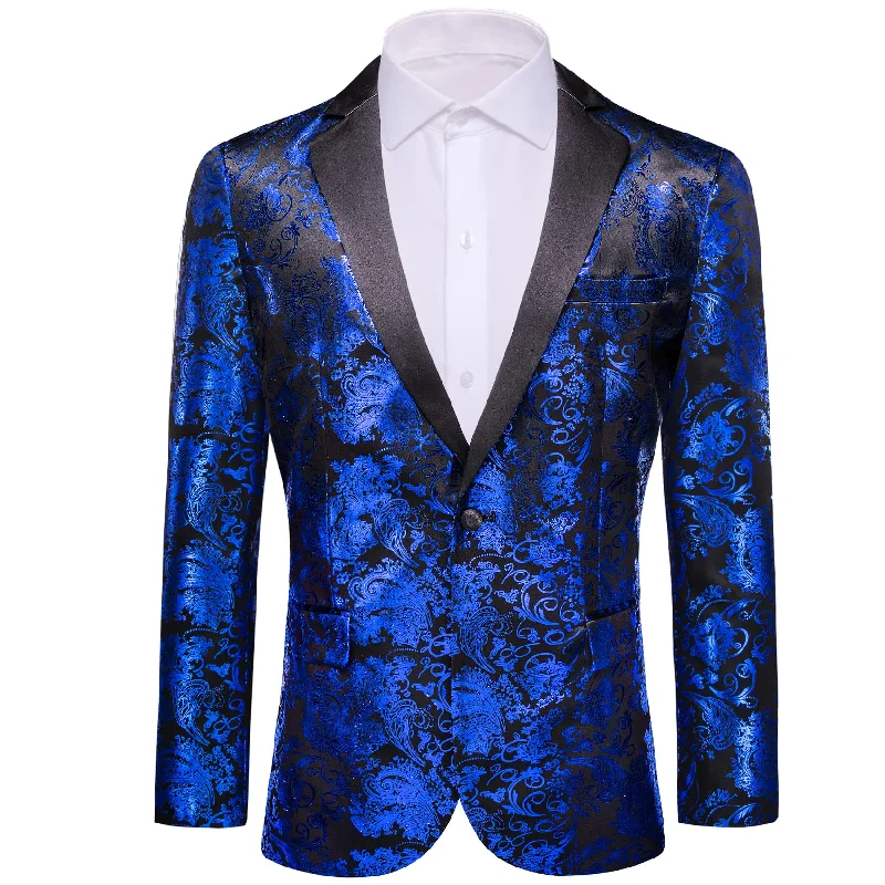 men's classic business tuxedo jackets -Barry Wang Men's Blue Blazer Black Notched Lapel Silk Wedding Suit Top