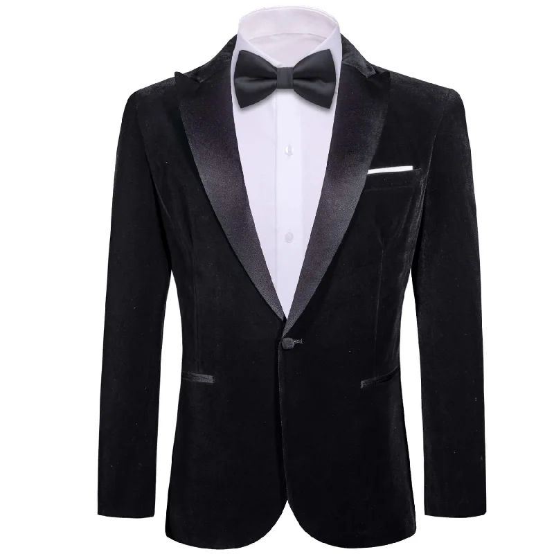 men's tailored business tuxedo for weddings -Barry.Wang Men's Suit Classic Black Solid Silk Peak Collar Blazer Suit