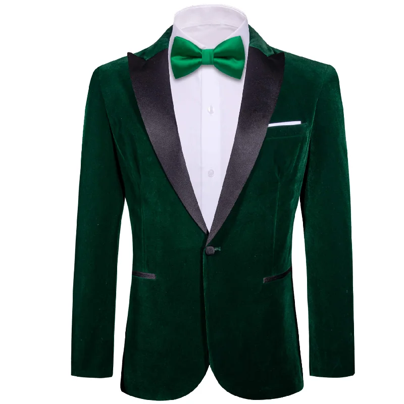 men's slim fit wool tuxedo jacket with satin lapels -Barry.wang Men's Suit Dark Green Solid Silk Peak Collar Blazer Suit