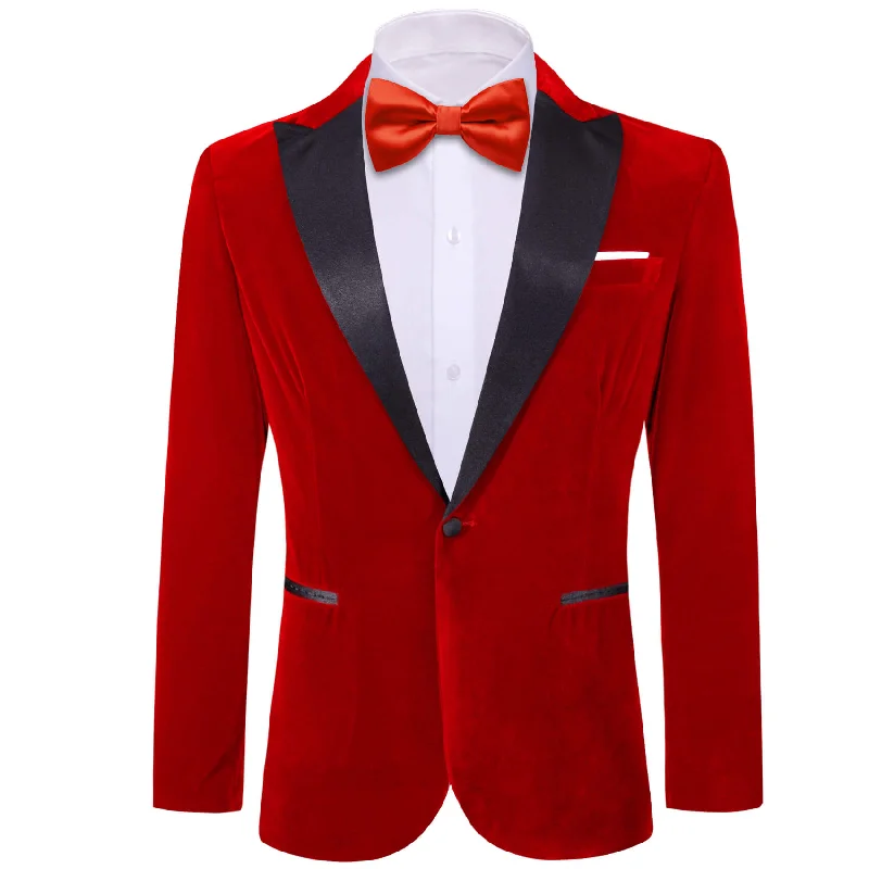 men's custom wool tuxedo set for office events -Barry.wang Men's Suit Fire Brick Red Solid Silk Peak Collar Blazer Suit