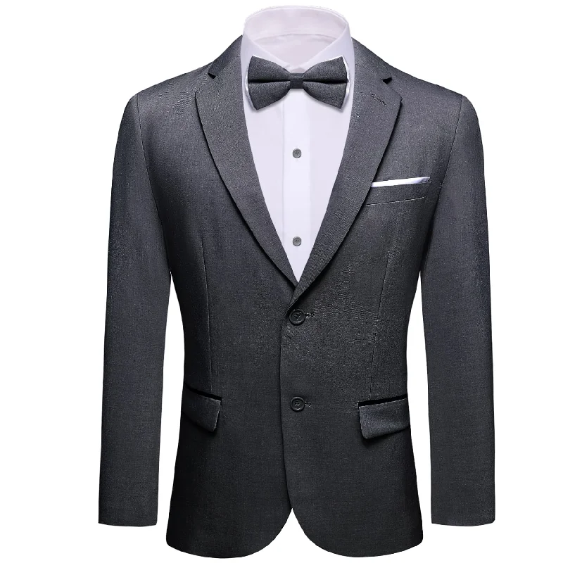 men's grey wool tuxedo with bow tie -Barry Wang Notch Lapel Suit Blazer Solid Grey Bowtie Suit Set for Men