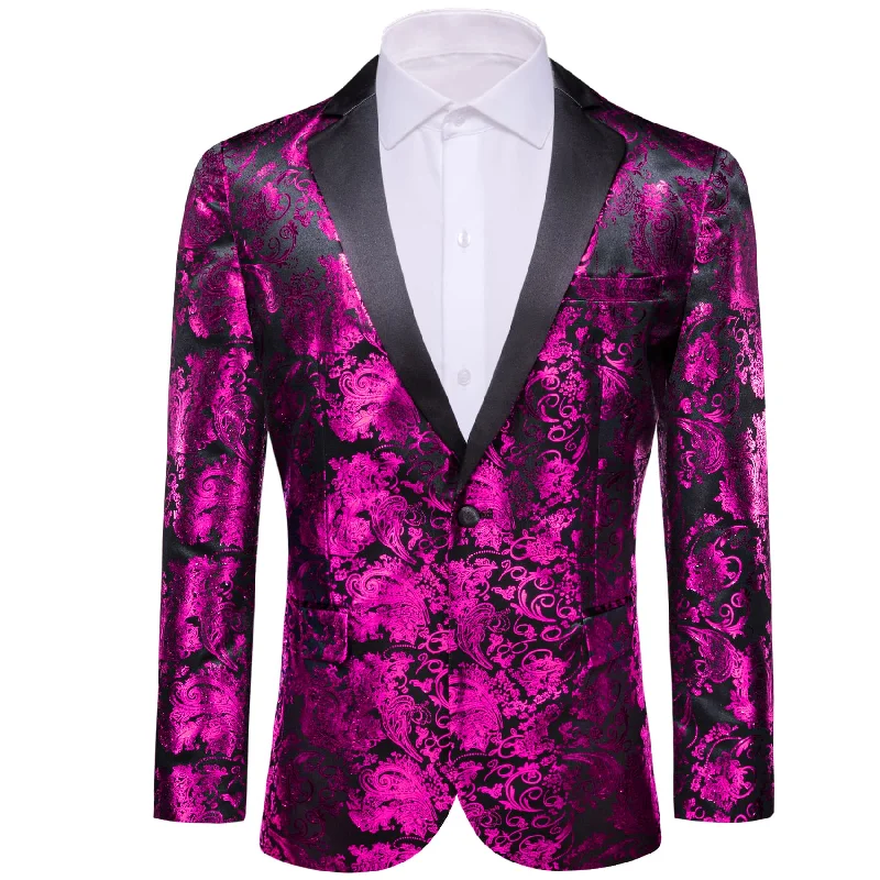 men's tailored grey tuxedo set with bowtie -Barry Wang Notched Lapel Suit Men's Shocking Pink Party Suit Blazer