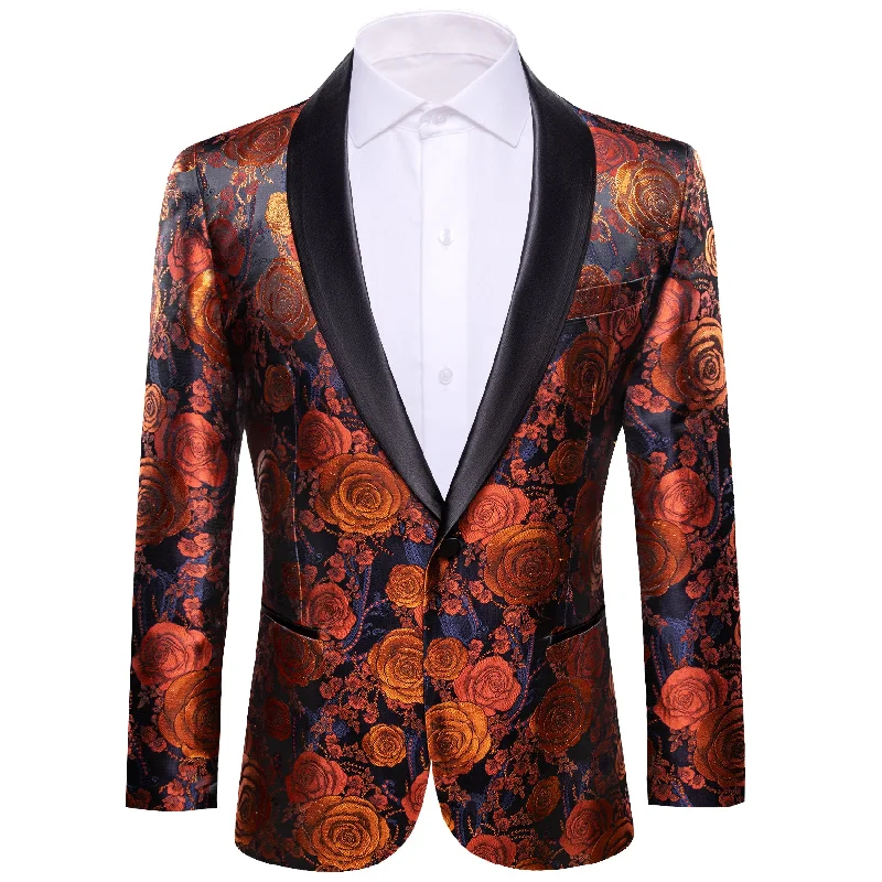 men's slim fit charcoal grey suit -Barry.wang Shawl Collar Suit Orange Blue Flower Blazer Suit Jacket for Men