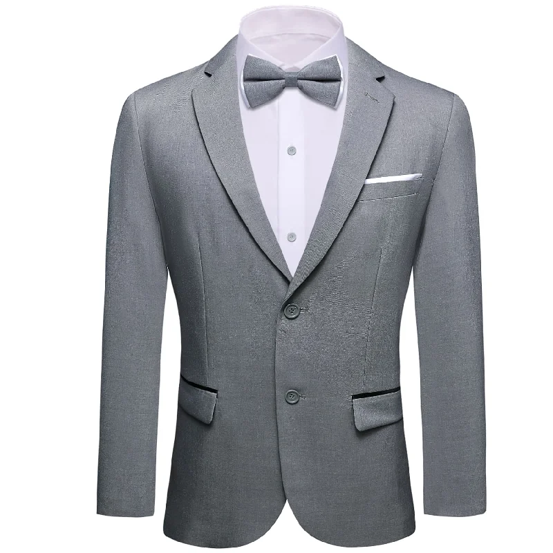 men's modern tuxedo with wool fabric -Barry Wang Wedding Button Up Blazer Solid Light Grey Men's Bowtie Suit