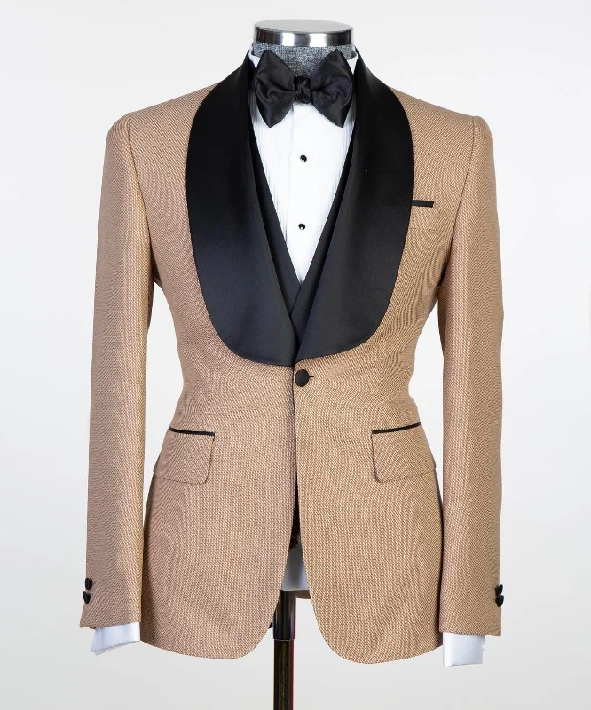 men's wool tuxedo jacket with satin lapels -Beige Tuxedo With Black Lapel