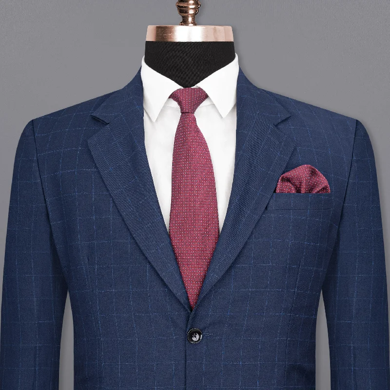 men's tailored wedding tuxedo jacket with bowtie -Big Stone Blue Super fine Subtle Checkered Wool Rich Blazer