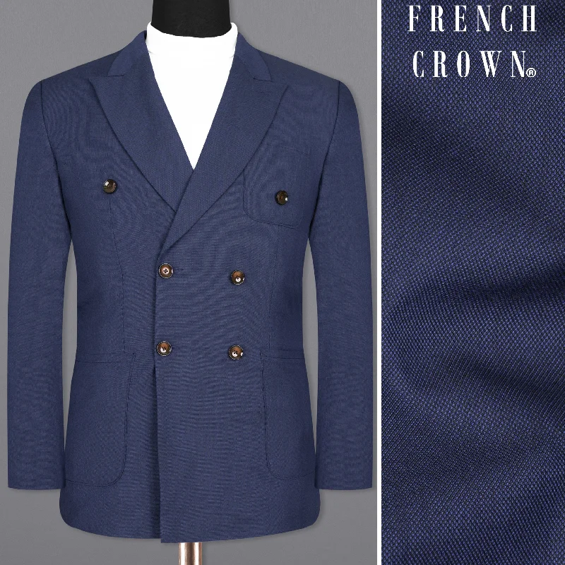 men's wool tuxedo jacket with pleats for weddings -Biscay Blue Double Breasted Woolrich Sports Blazer