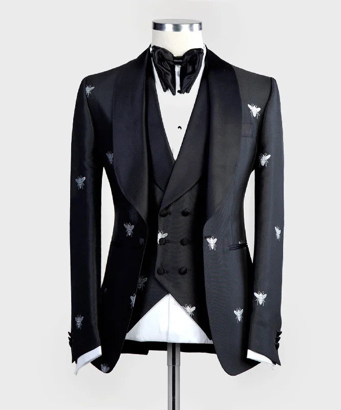 men's tailored tuxedo jacket for prom -Black and Silver Bee Tuxedo