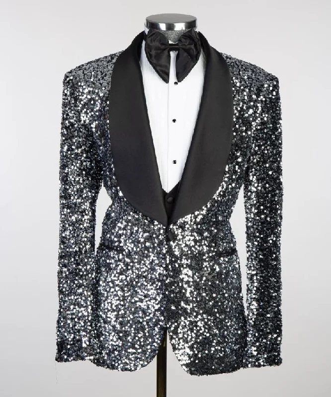 men's black tuxedo with black tie -Black Glitter Tuxedo